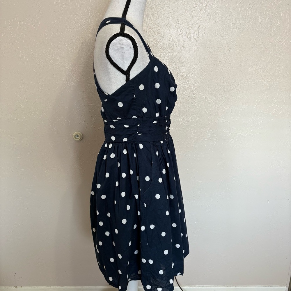 Whit Two Anthropologie Eva Navy Blue Polka Dot Cutout Sleeveless Halter Dress - Picture 3 of 11